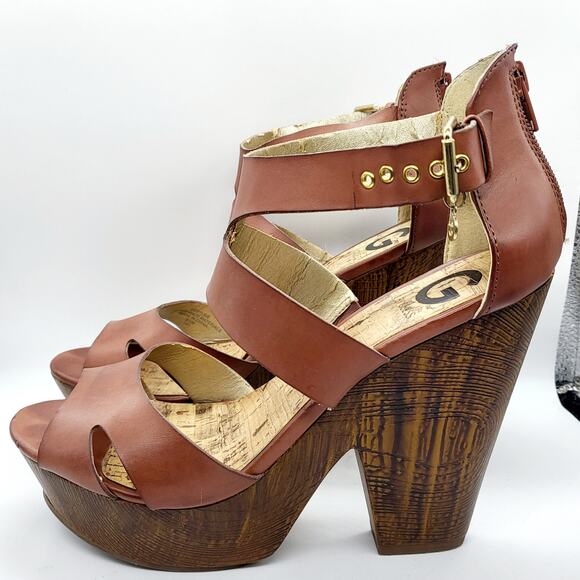 G by GUESS Sylbie Light Brown Strappy Peep Toe Wedge Platform Sandals Size 8.5M - Picture 3 of 13
